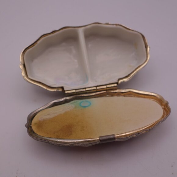 Vintage Metal Made in Japan Pill Box with Ceramic Top featuring Flower Design - Picture 11 of 14
